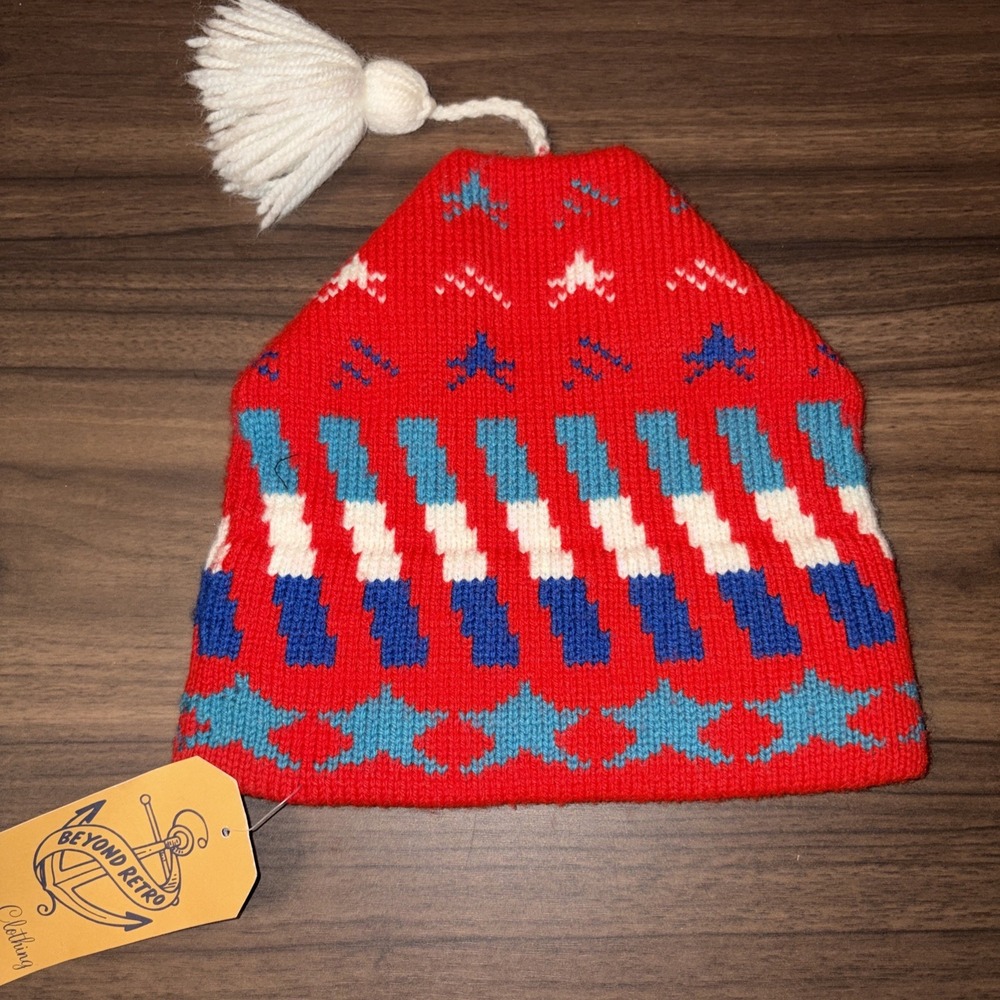 Vtg Unbranded Alpine Ski Toque Beanie Red Blue Turq Geometric Hat White Tassel